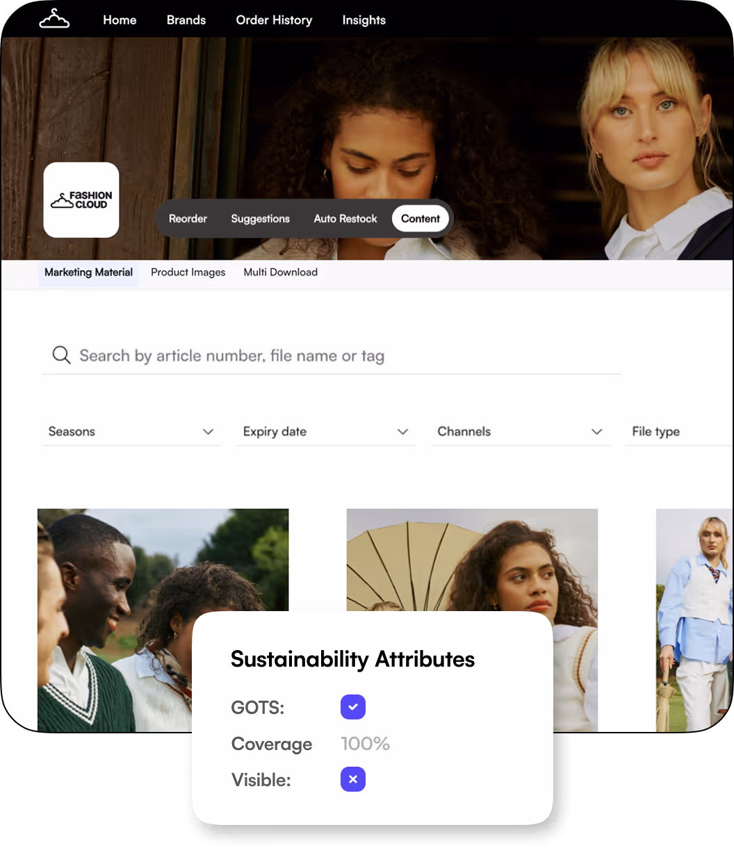 Fashion Cloud dashboard showing content tab with sustainability attributes: GOTS checked, coverage 100%, visible unchecked.